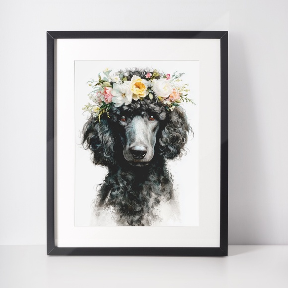 Watercolor Black Poodle with Flowers Crown Portrait Wall Art Print - Unframed - Picture 3 of 6